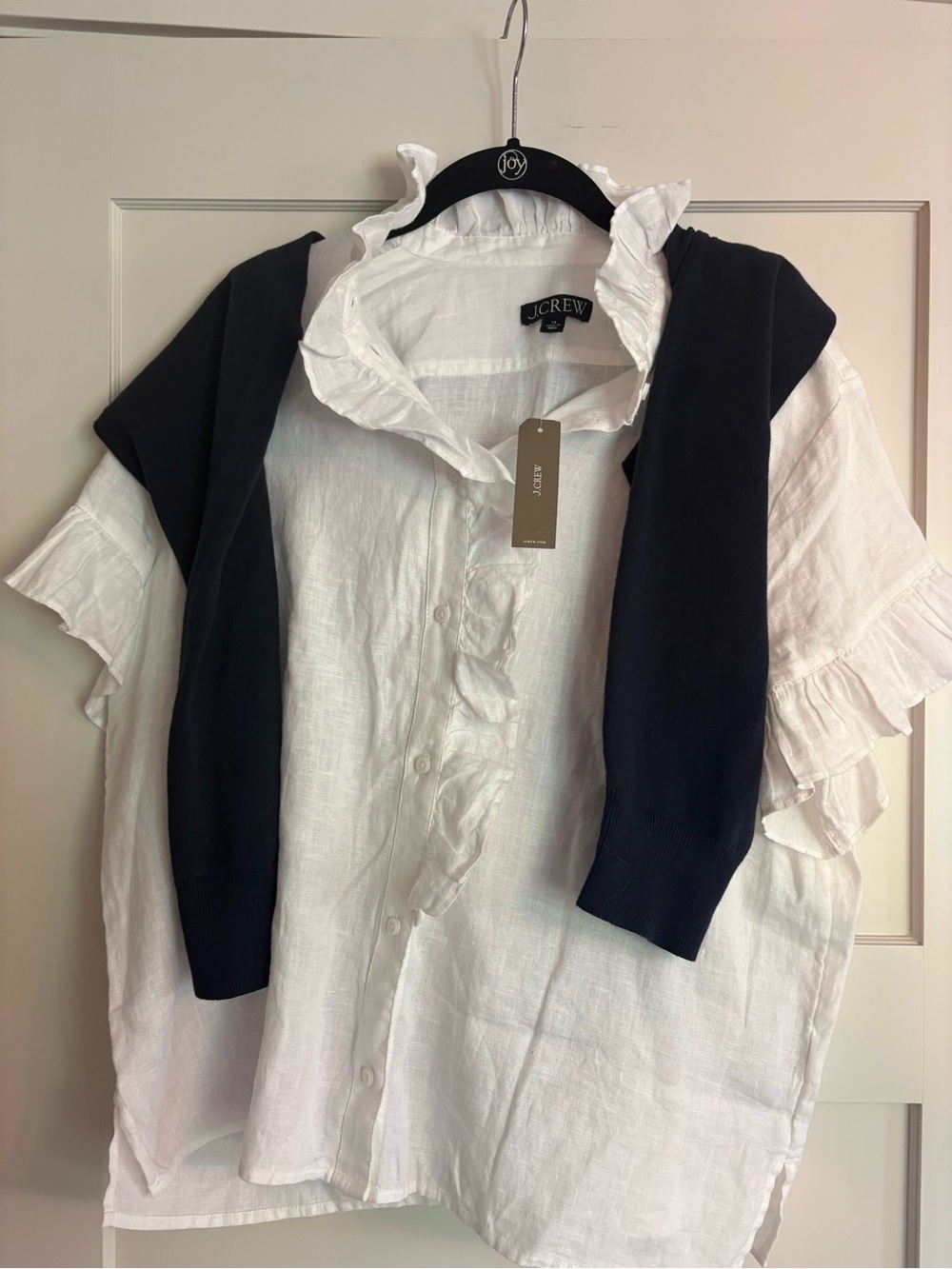 J. Crew Short Sleeve White Linen Ruffle Collar Shirt (Sold Out at J. Crew)NWT 14